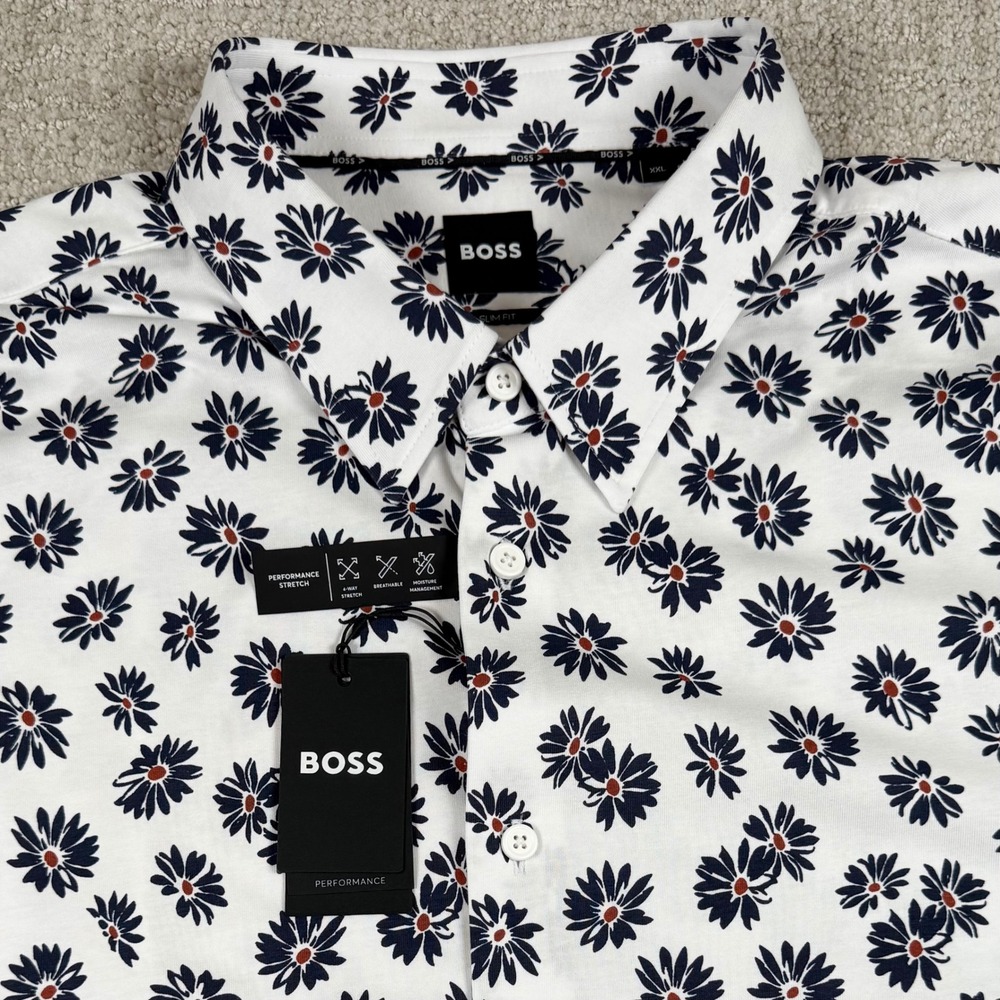 NEW Hugo Boss Mens 2XL Floral Performance Slim Fit Short Sleeve Button Up Shirt